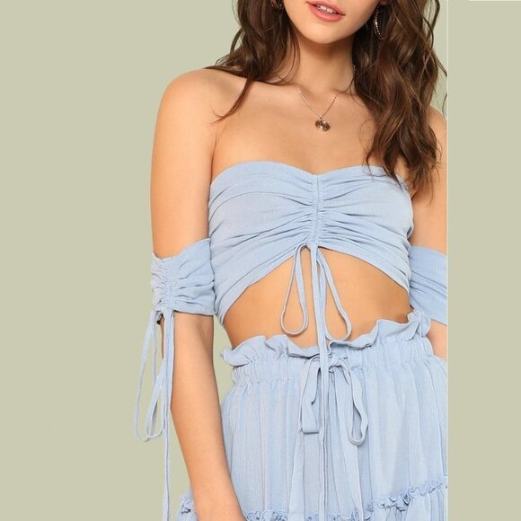Ruched Off Shoulder Top With Tie Front Skirt Set b37 - Picture 6 of 11